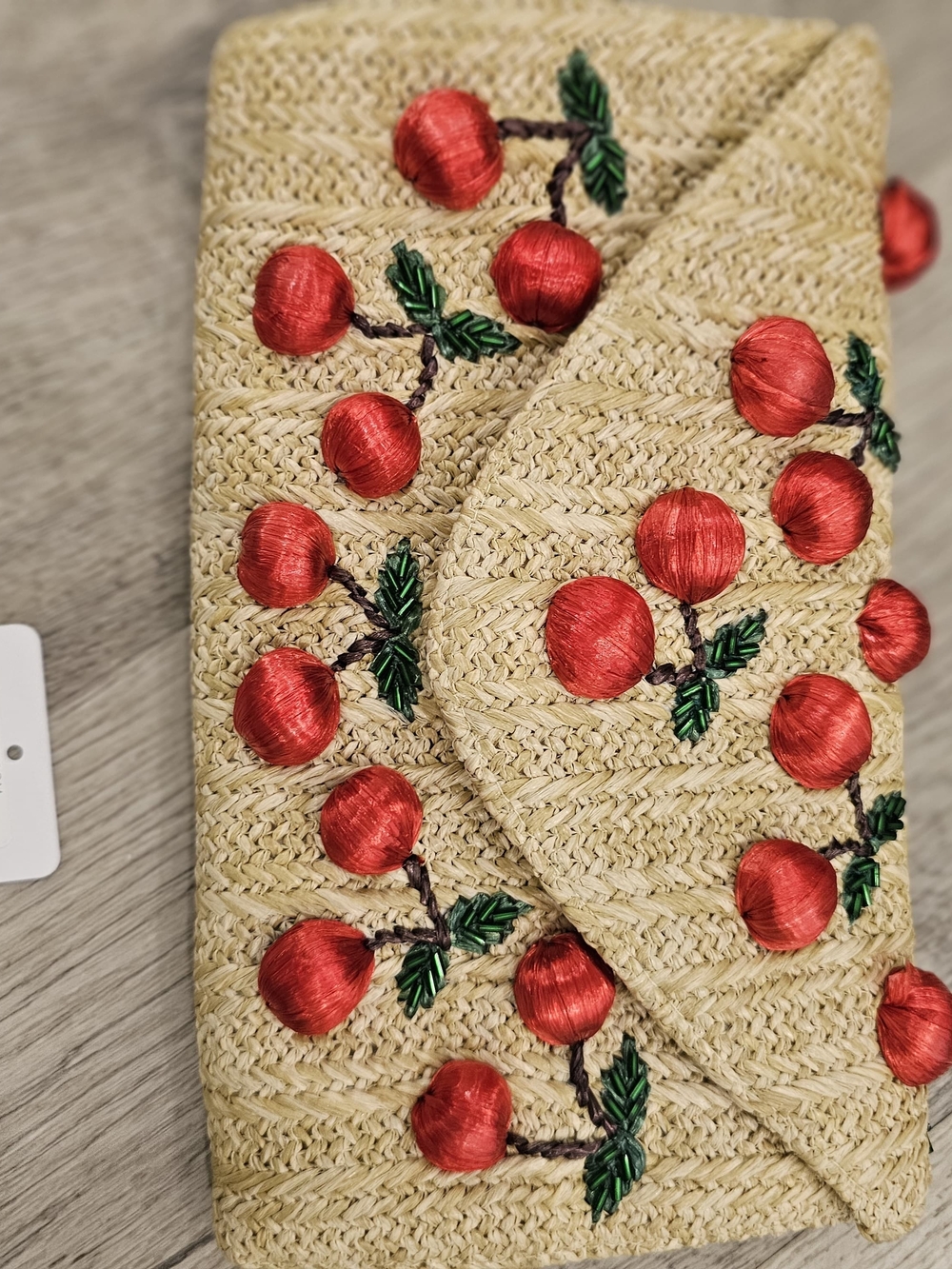 Nordstrom Straw Clutch with Red & Green Cherry Embroidery